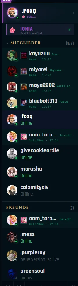 Das Fraktions-Panel mit Chat, Mitgliedern und Live-Status